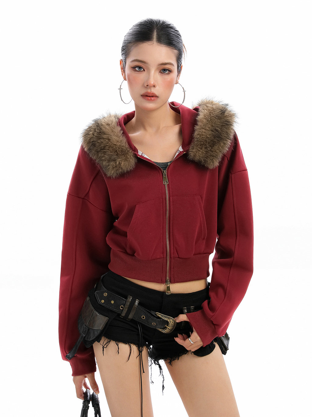 Detachable Fur Collar Hooded Short Hoodie With Exposed Waist Zipper Jacket