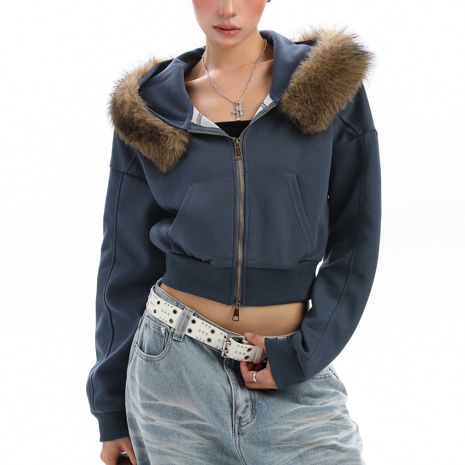 Detachable Fur Collar Hooded Short Hoodie With Exposed Waist Zipper Jacket