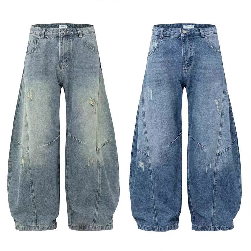 Ripped Denim Jeans Loose Straight-leg Design Couples Wide-leg Style American High-street Pants With A Cool Edgy Vibe