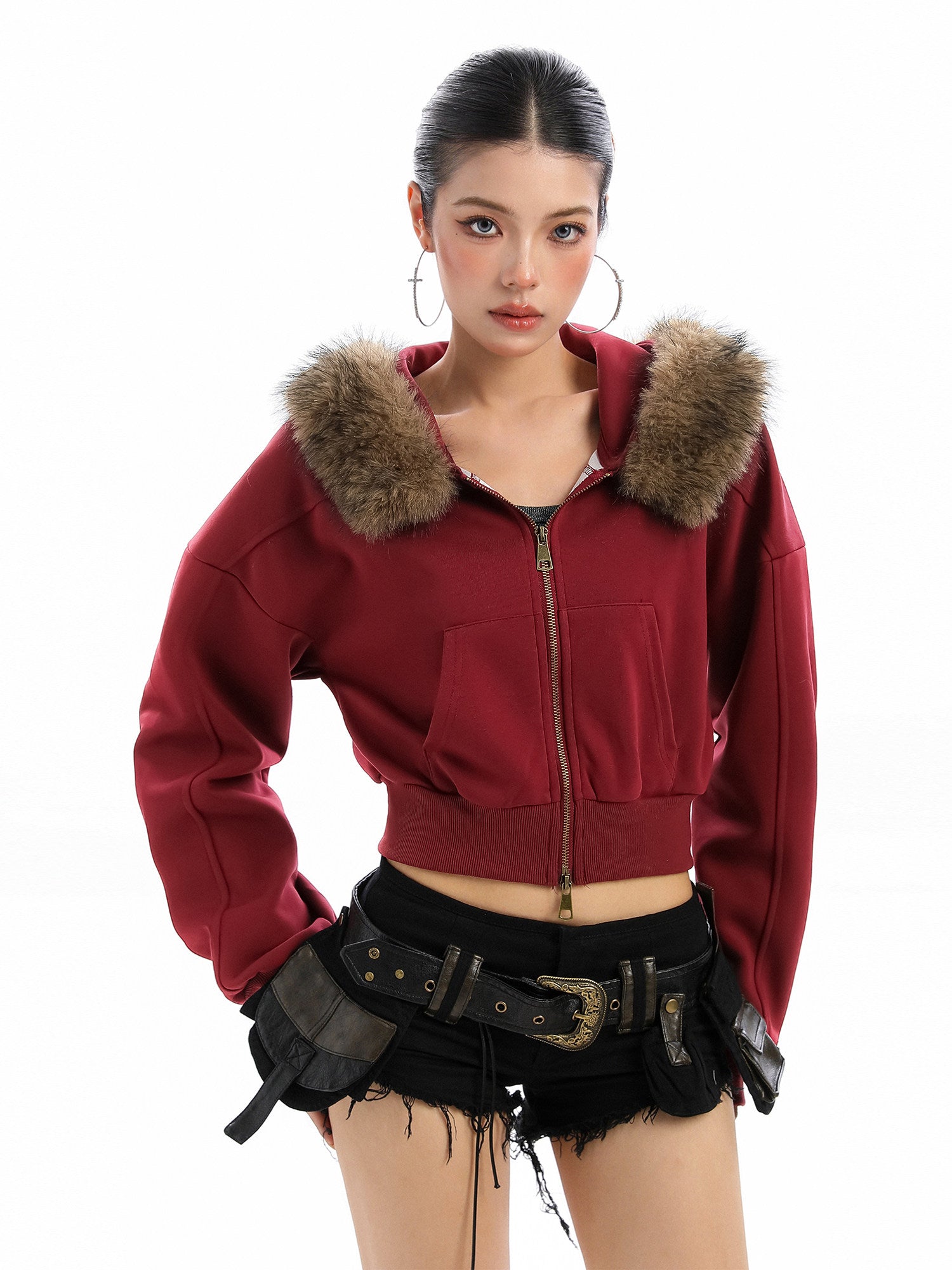 Detachable Fur Collar Hooded Short Hoodie With Exposed Waist Zipper Jacket