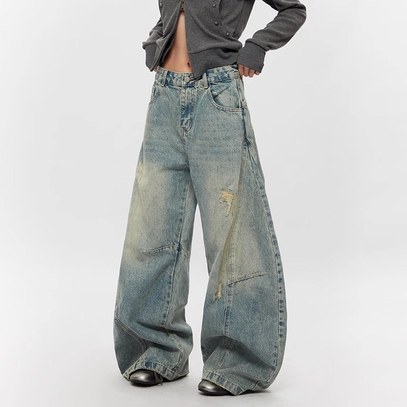 Ripped Denim Jeans Loose Straight-leg Design Couples Wide-leg Style American High-street Pants With A Cool Edgy Vibe
