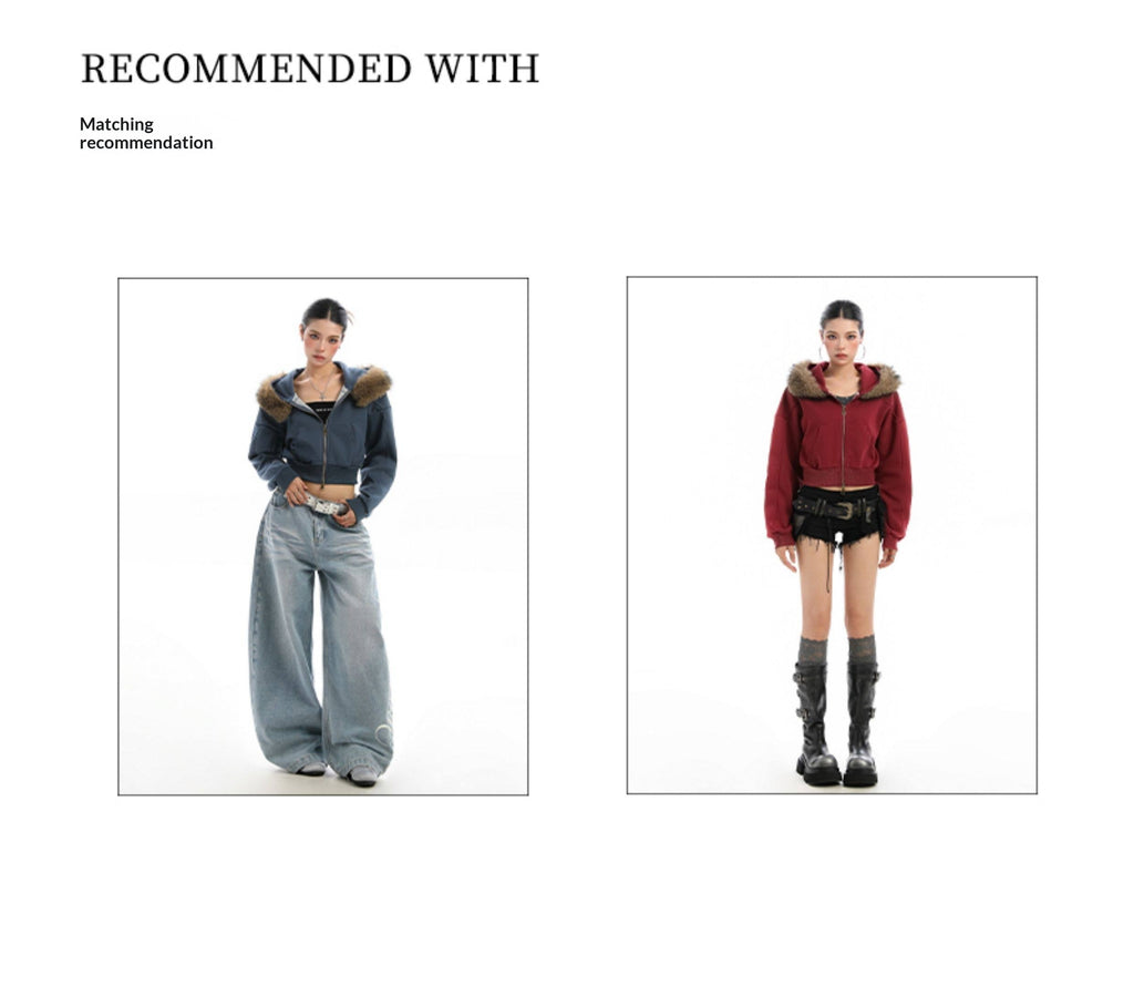 Detachable Fur Collar Hooded Short Hoodie With Exposed Waist Zipper Jacket