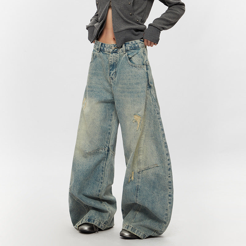 Ripped Denim Jeans Loose Straight-leg Design Couples Wide-leg Style American High-street Pants With A Cool Edgy Vibe