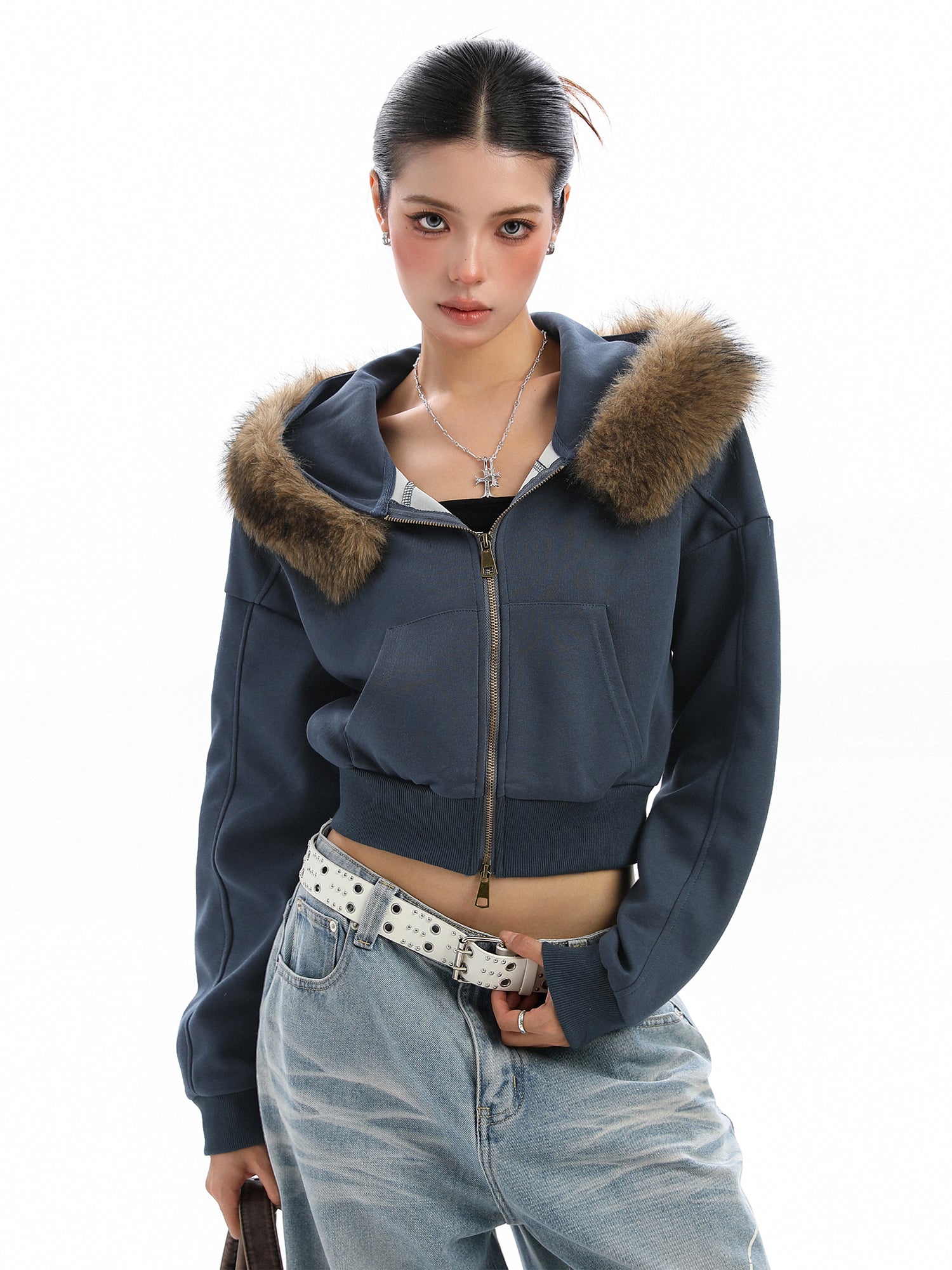 Detachable Fur Collar Hooded Short Hoodie With Exposed Waist Zipper Jacket