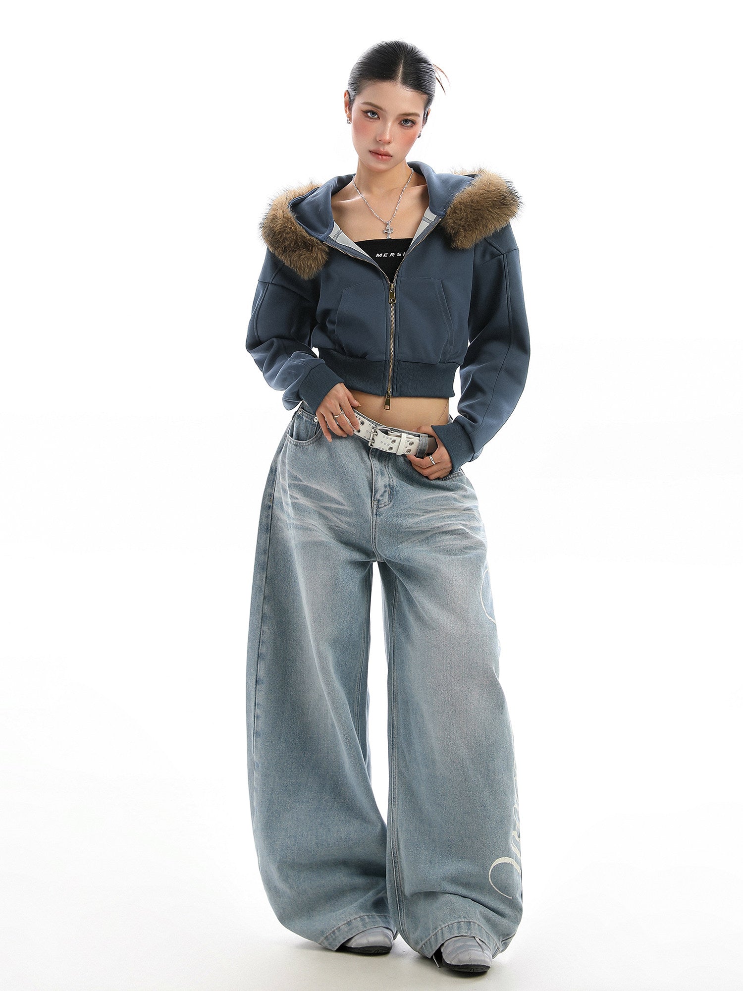 Detachable Fur Collar Hooded Short Hoodie With Exposed Waist Zipper Jacket